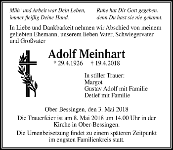 Traueranzeige von Adolf Meinhart von Licher Wochenblatt, Licher Wochenblatt, Licher Wochenblatt