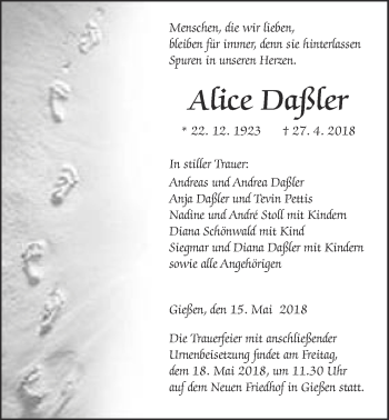 Traueranzeige von Alice Daßler von Giessener Allgemeine, Alsfelder Allgemeine