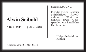 Traueranzeige von Alwin Seibold von Wetterauer Zeitung, Wetterauer Zeitung
