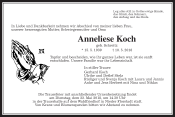 Traueranzeige von Anneliese Koch von Wetterauer Zeitung, Wetterauer Zeitung
