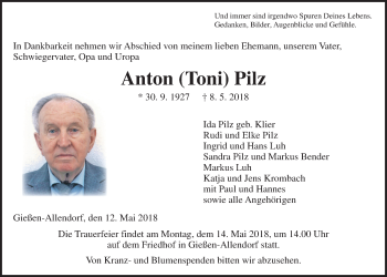 Traueranzeige von Anton Pilz von Giessener Allgemeine, Alsfelder Allgemeine
