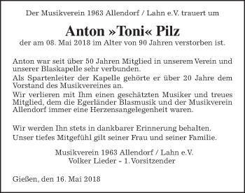 Traueranzeige von Anton Pilz von Giessener Allgemeine, Alsfelder Allgemeine