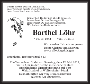 Traueranzeige von Barthel Löhr von Wetterauer Zeitung, Wetterauer Zeitung