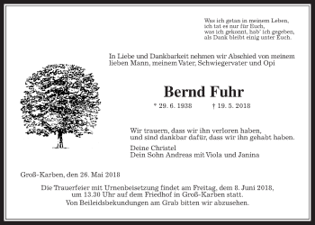 Traueranzeige von Bernd Fuhr von Wetterauer Zeitung