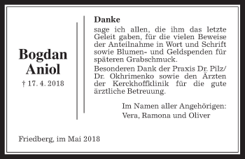 Traueranzeige von Bogdan Aniol von Wetterauer Zeitung, Wetterauer Zeitung