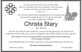 Traueranzeige von Christa Stary von Wetterauer Zeitung, Wetterauer Zeitung
