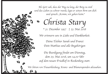 Traueranzeige von Christa Stary von Wetterauer Zeitung, Wetterauer Zeitung