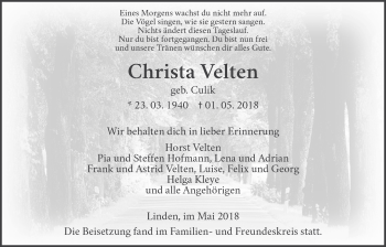 Traueranzeige von Christa Velten von Giessener Allgemeine, Alsfelder Allgemeine