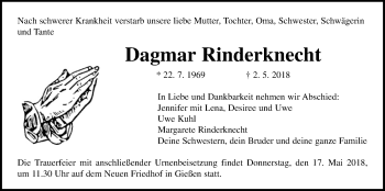 Traueranzeige von Dagmar Rinderknecht von Giessener Allgemeine, Alsfelder Allgemeine