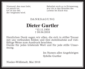 Traueranzeige von Dieter Gurtler von Wetterauer Zeitung, Wetterauer Zeitung