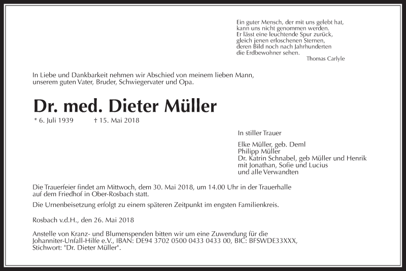  Traueranzeige für Dieter Müller vom 26.05.2018 aus Giessener Allgemeine, Alsfelder Allgemeine, Wetterauer Zeitung, Wetterauer Zeitung
