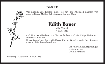 Traueranzeige von Edith Bauer von Wetterauer Zeitung, Wetterauer Zeitung