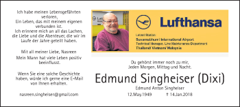 Traueranzeige von Edmund Anton Singheiser von Giessener Allgemeine, Alsfelder Allgemeine, Wetterauer Zeitung, Wetterauer Zeitung