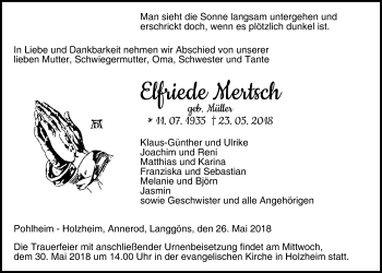 Traueranzeige von Elfriede Mertsch von Giessener Allgemeine, Alsfelder Allgemeine