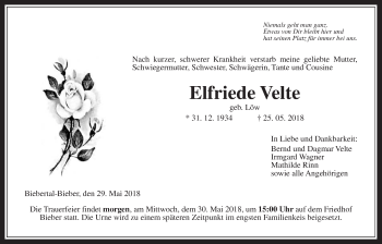 Traueranzeige von Elfriede Velte von Giessener Allgemeine, Alsfelder Allgemeine