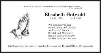 Traueranzeige von Elisabeth Hütwohl von Giessener Allgemeine, Alsfelder Allgemeine