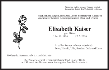 Traueranzeige von Elisabeth Kaiser von Wetterauer Zeitung, Wetterauer Zeitung