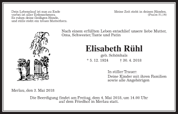 Traueranzeige von Elisabeth Rühl von Alsfelder Allgemeine