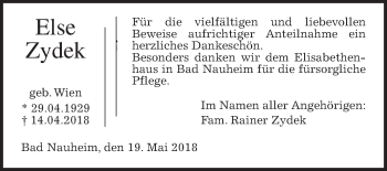Traueranzeige von Else Zydek von Wetterauer Zeitung, Wetterauer Zeitung