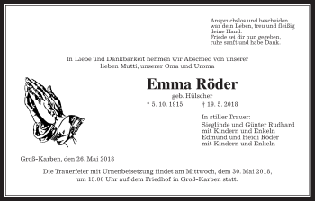 Traueranzeige von Emma Röder von Wetterauer Zeitung