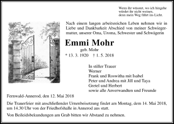 Traueranzeige von Emmi Mohr von Giessener Allgemeine, Alsfelder Allgemeine