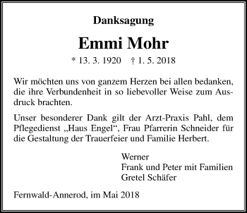 Traueranzeige von Emmi Mohr von Giessener Allgemeine, Alsfelder Allgemeine