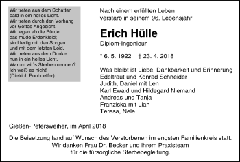 Traueranzeige von Erich Hülle von Giessener Allgemeine, Alsfelder Allgemeine