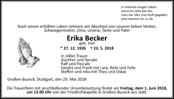 Traueranzeige von Erika Becker von Giessener Allgemeine, Alsfelder Allgemeine