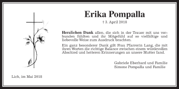 Traueranzeige von Erika Pompalla von Licher Wochenblatt, Licher Wochenblatt, Licher Wochenblatt