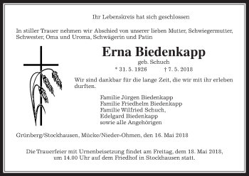 Traueranzeige von Erna Biedenkapp von Giessener Allgemeine, Alsfelder Allgemeine