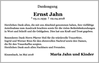 Traueranzeige von Ernst Jahn von Giessener Allgemeine, Alsfelder Allgemeine