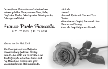 Traueranzeige von Franco Paolo Piazzolla von Giessener Allgemeine, Alsfelder Allgemeine