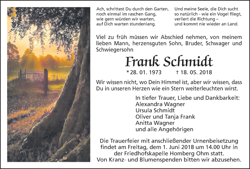  Traueranzeige für Frank Schmidt vom 29.05.2018 aus Giessener Allgemeine, Alsfelder Allgemeine, Alsfelder Allgemeine
