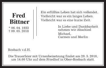 Traueranzeige von Fred Bittner von Wetterauer Zeitung, Wetterauer Zeitung