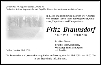 Traueranzeige von Fritz Braunsdorf von Giessener Allgemeine, Alsfelder Allgemeine