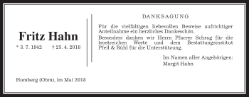Traueranzeige von Fritz Hahn von Alsfelder Allgemeine