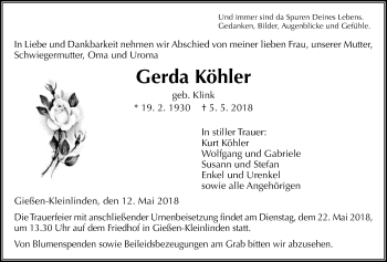 Traueranzeige von Gerda Köhler von Giessener Allgemeine, Alsfelder Allgemeine