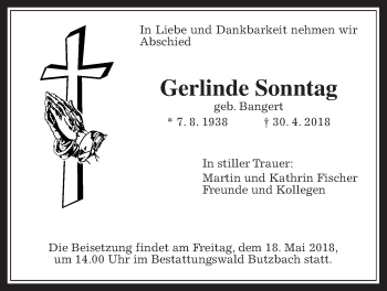 Traueranzeige von Gerlinde Sonntag von Wetterauer Zeitung, Wetterauer Zeitung
