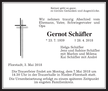 Traueranzeige von Gernot Schäfler von Wetterauer Zeitung, Wetterauer Zeitung