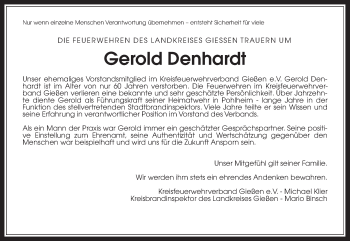 Traueranzeige von Gerold Denhardt von Giessener Allgemeine, Alsfelder Allgemeine, Wetterauer Zeitung, Wetterauer Zeitung