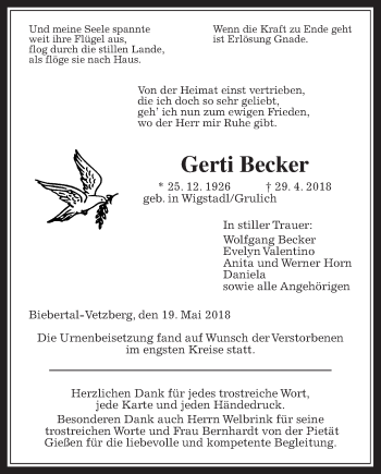 Traueranzeige von Gerti Becker von Giessener Allgemeine, Alsfelder Allgemeine