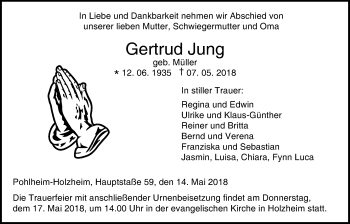 Traueranzeige von Gertrud Jung von Giessener Allgemeine, Alsfelder Allgemeine