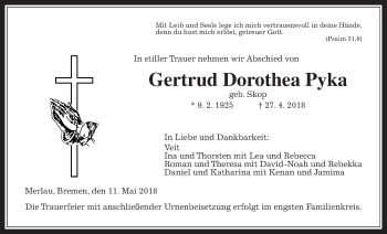 Traueranzeige von Gertrud Dorothea Pyka von Alsfelder Allgemeine, Mücker Stimme