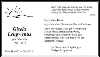 Traueranzeige von Gisela Lengwenus von Licher Wochenblatt, Licher Wochenblatt, Licher Wochenblatt