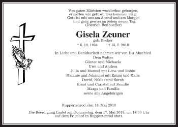 Traueranzeige von Gisela Zeuner von Alsfelder Allgemeine
