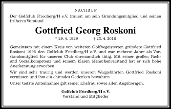 Traueranzeige von Gottfried Georg Roskoni von Wetterauer Zeitung, Wetterauer Zeitung