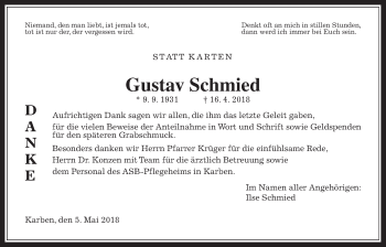 Traueranzeige von Gustav Schmied von Wetterauer Zeitung, Wetterauer Zeitung