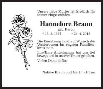 Traueranzeige von Hannelore Braun von Wetterauer Zeitung, Wetterauer Zeitung
