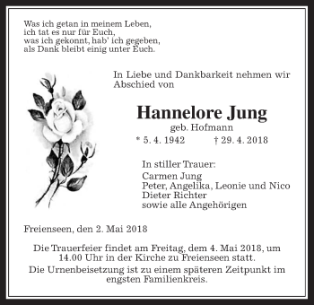 Traueranzeige von Hannelore Jung von Giessener Allgemeine, Alsfelder Allgemeine