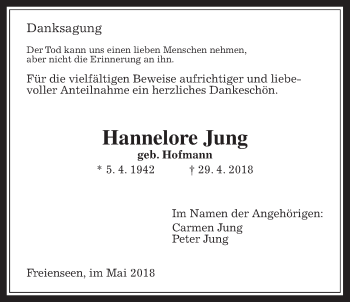 Traueranzeige von Hannelore Jung von Giessener Allgemeine, Alsfelder Allgemeine